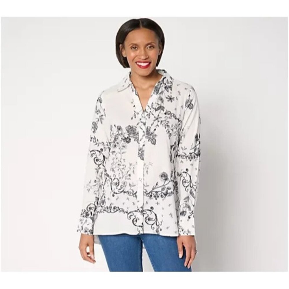 BEAUTIFUL by Lawrence Zarian High-Low Printed Shirt Cream 5X A680677